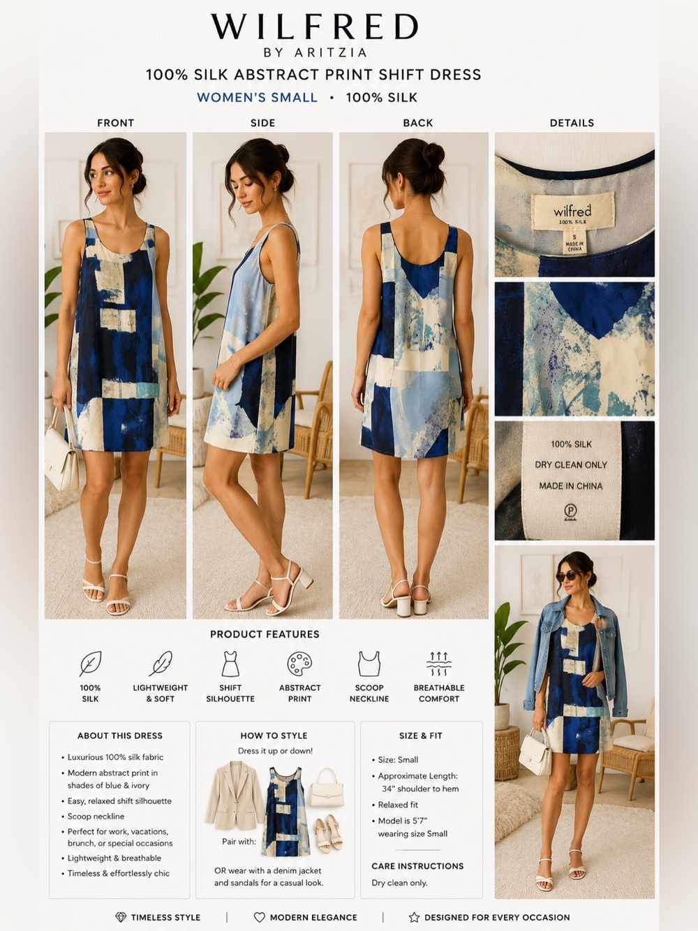 Wilfred Aritzia Silk Abstract Print Sleeveless Shift Dress Women's Small Blue